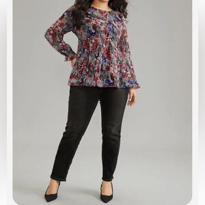 SHEIN XL Floral Ruffles Elastic Waist Lantern Sleeve Chiffon Blouse